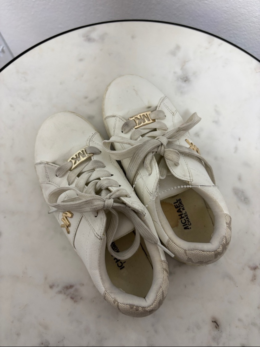 Michael Kors White & Taupe Kids Sneakers with Gold MK Accent - Picture 4 of 10